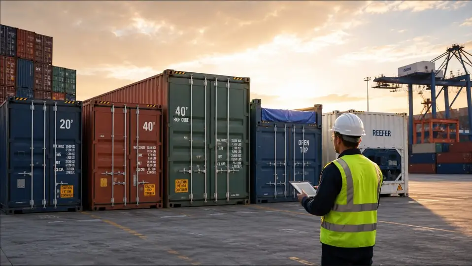 Tipos de contenedores marítimos 20, 40, High Cube, Open Top y Reefer en un puerto con técnico inspeccionando