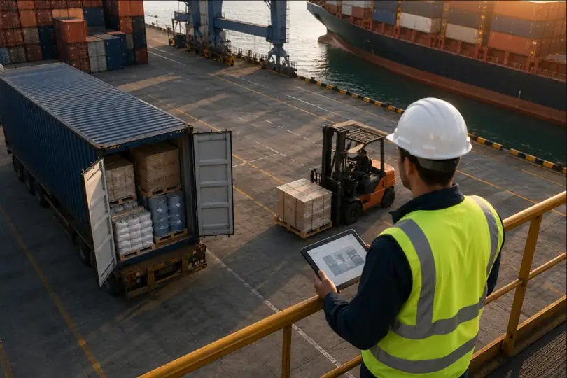 Operación de carga en puerto con contenedor sobre chasis, carretilla y supervisor controlando el VGM